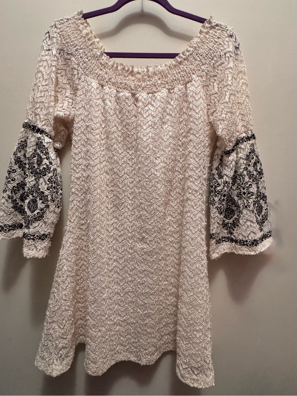 Fashionomics Cream Tunic Dress with Black Embroidered Sleeves
